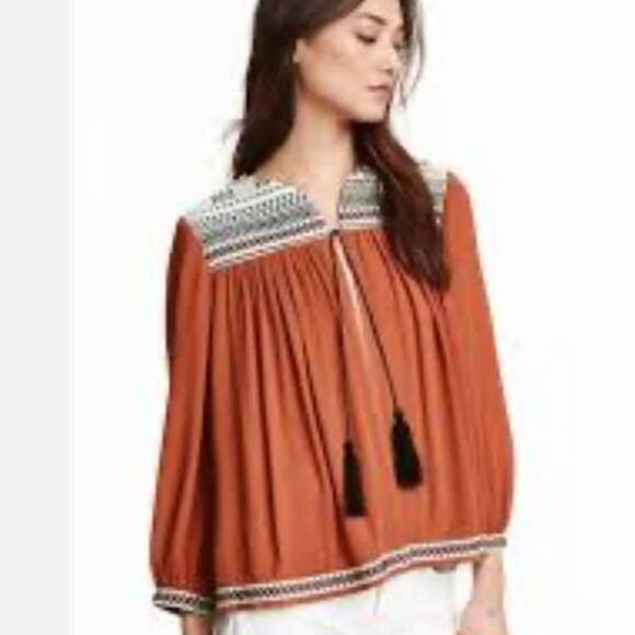 H&M Boho Peasant Blouse Orange Embroidered Tunic Top 10 M Ethnic Festival Flowy - Picture 6 of 11